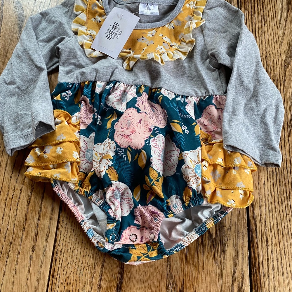 Gray and Yellow Ruffled Bodysuit with Playful Layers - 12-18 months